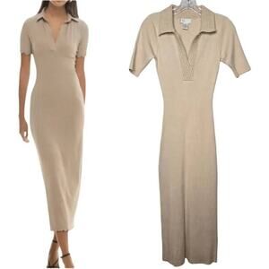 Caroline Constas REVOLVE Ribbed Knit Crochet Cream V-Neck Midi Dress‎ Size XS